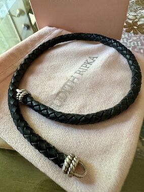 Judith Ripka Black Braided Leather Chocker Necklace 14”